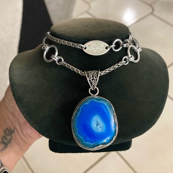 925 sterling silver overlay blue agate slice gemstone charm boho necklace . - Picture 5 of 13